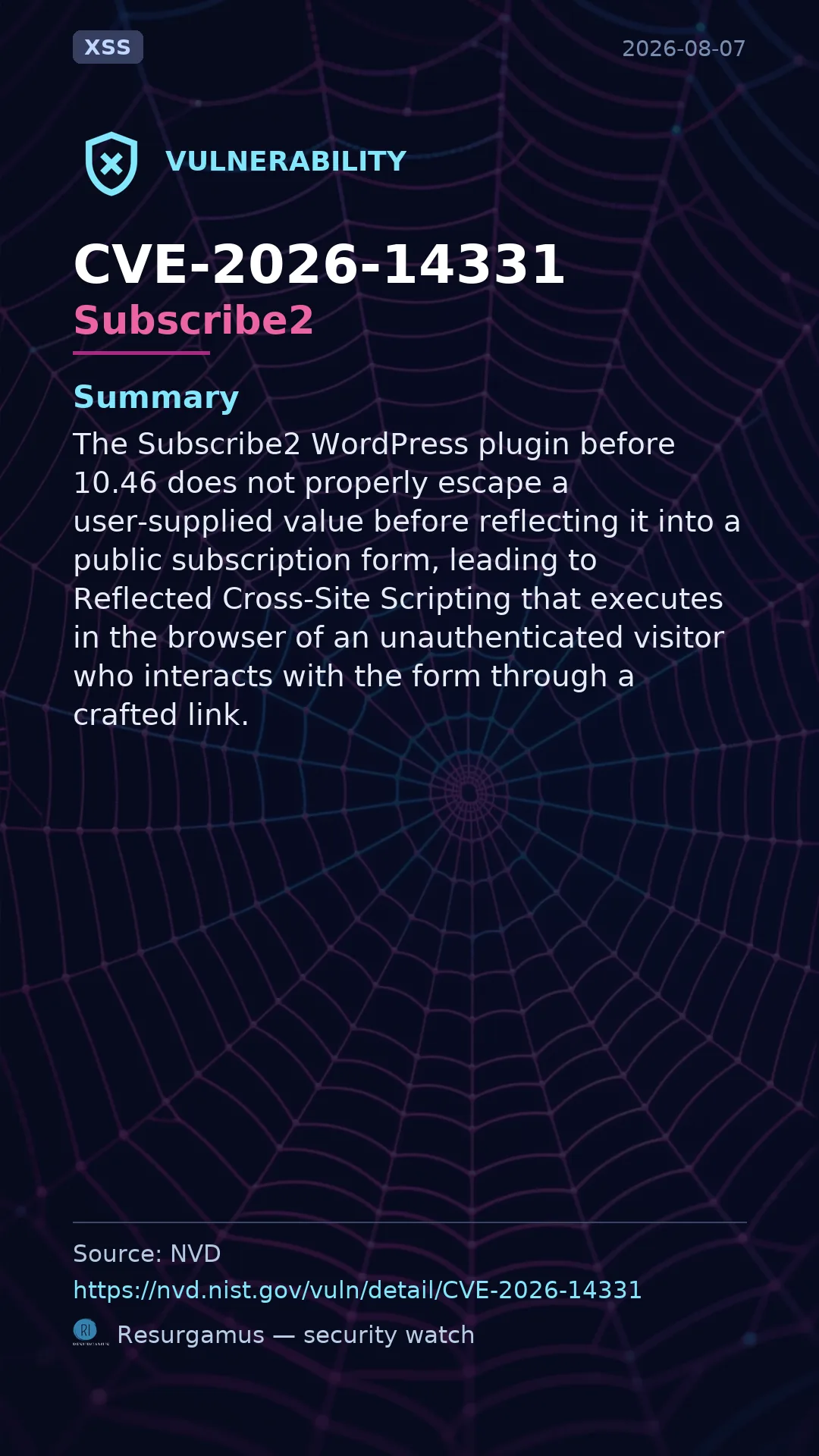 CVE-2026-14331 Subscribe2 Vulnerability
