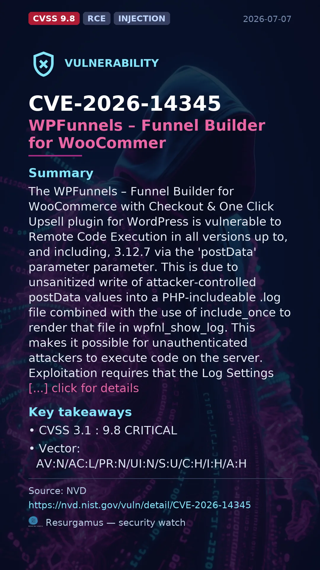 CVE-2026-14345 WPFunnels – Funnel Builder for WooCommer Vulnerability
