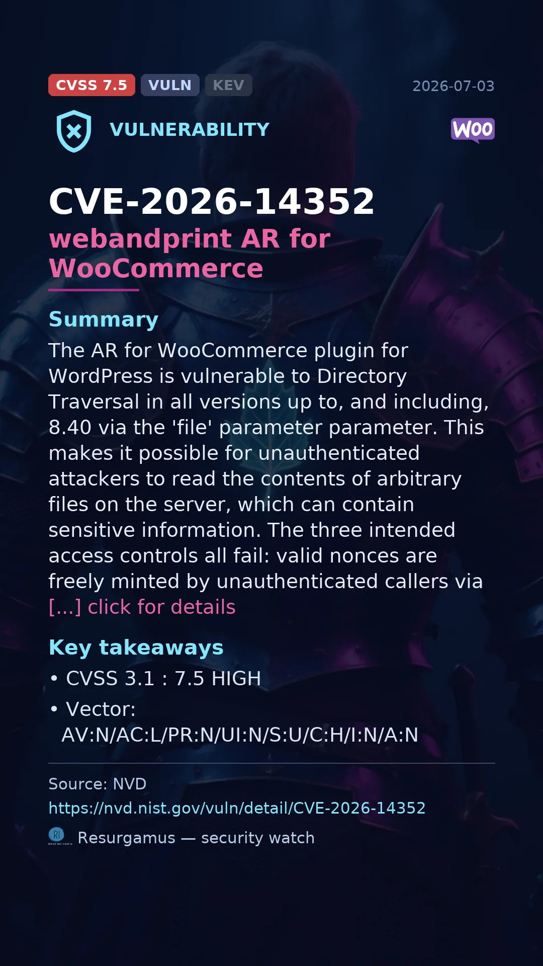 CVE-2026-14352 webandprint AR for WooCommerce Vulnerability