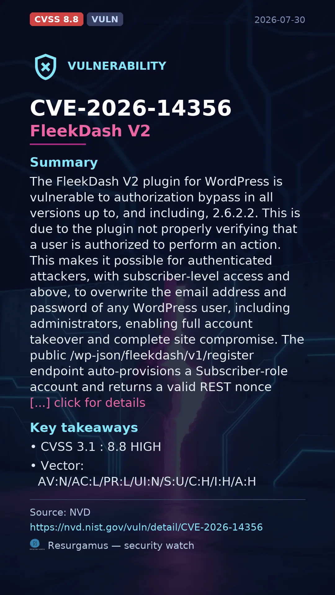 CVE-2026-14356 FleekDash V2 Vulnerability