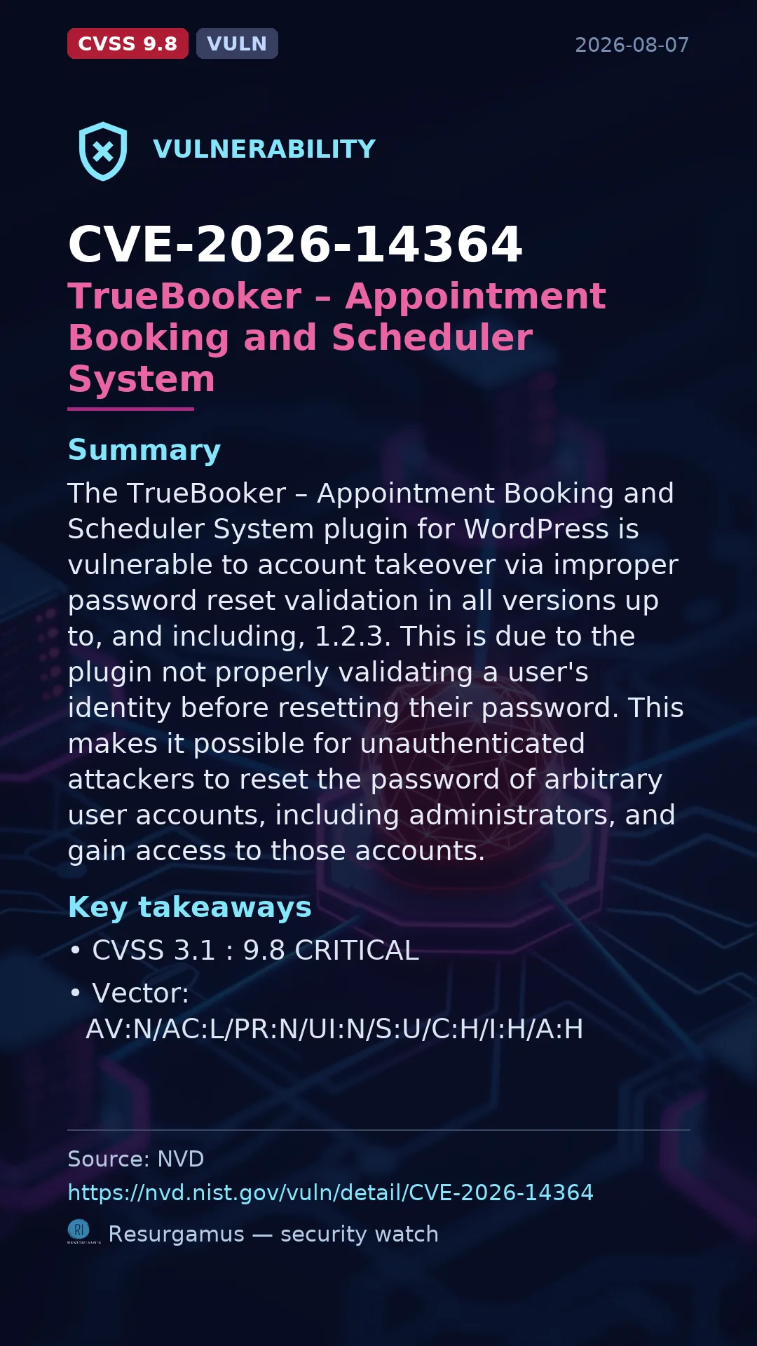 CVE-2026-14364 TrueBooker – Appointment Booking and Scheduler System Vulnerability