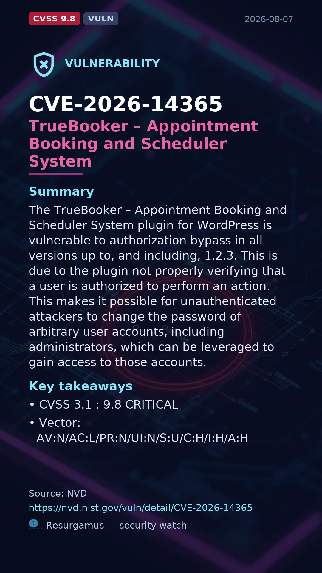 CVE-2026-14365 TrueBooker – Appointment Booking and Scheduler System Vulnerability
