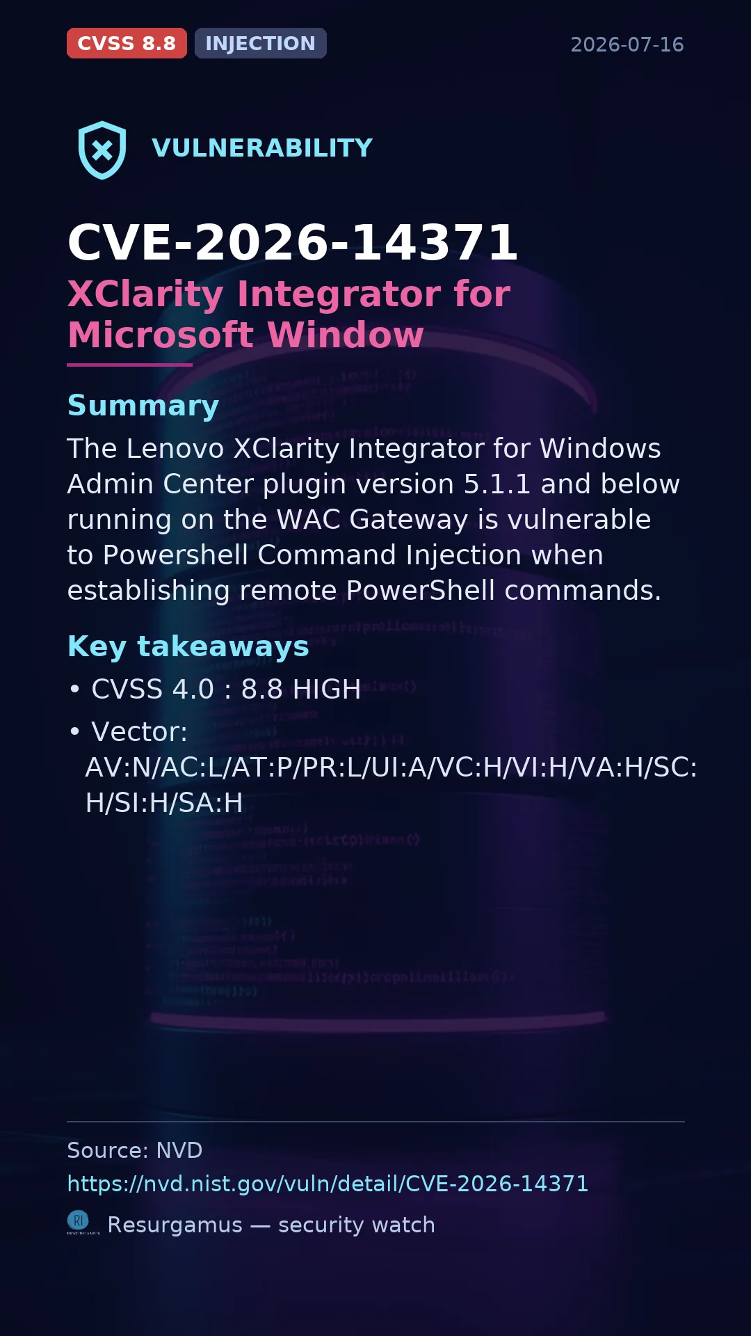 CVE-2026-14371 XClarity Integrator for Microsoft Window Vulnerability