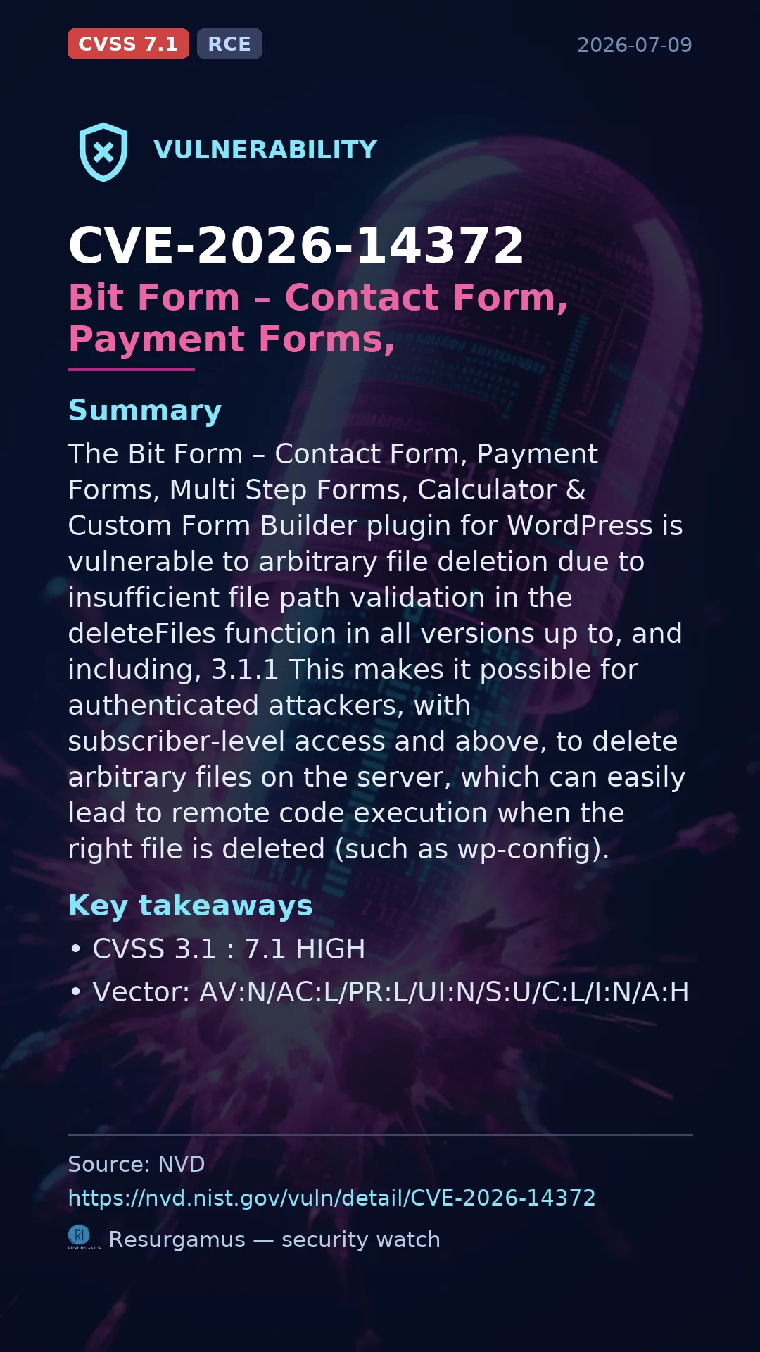 CVE-2026-14372 Bit Form – Contact Form, Payment Forms,  Vulnerability