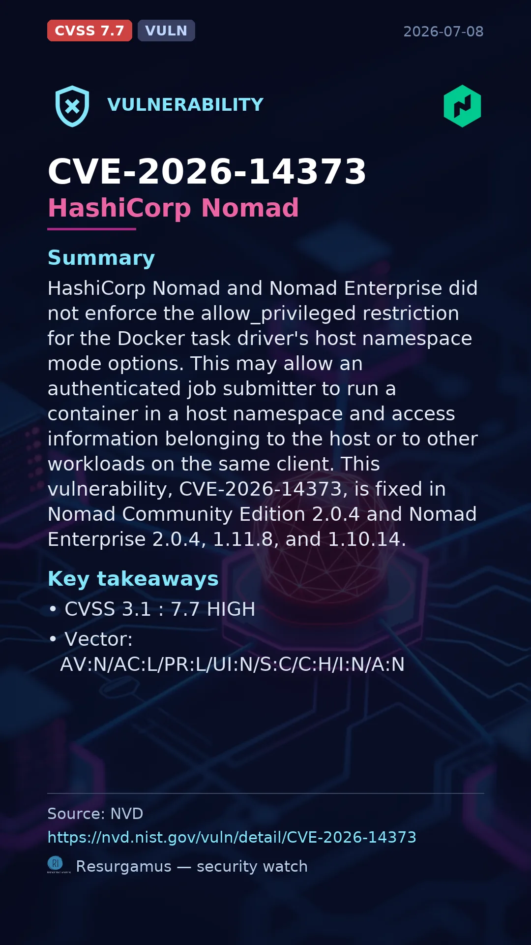 CVE-2026-14373 HashiCorp Nomad Vulnerability