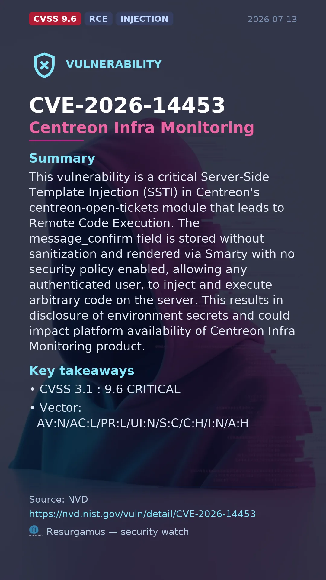 CVE-2026-14453 Centreon Infra Monitoring Vulnerability