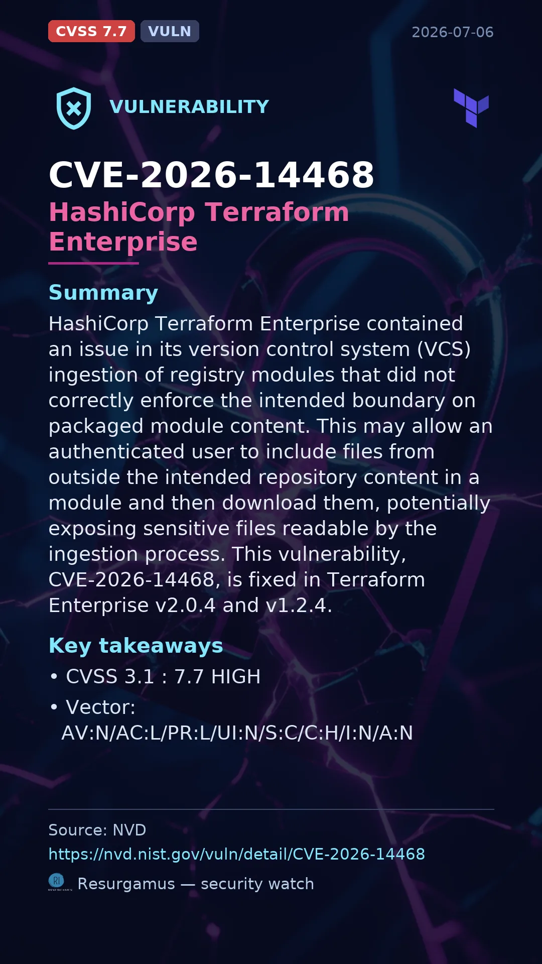 CVE-2026-14468 HashiCorp Terraform Enterprise Vulnerability