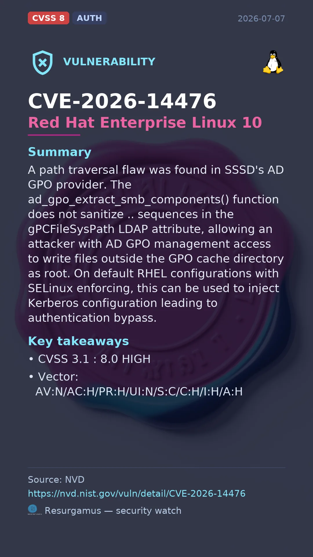 CVE-2026-14476 Red Hat Enterprise Linux 10 Vulnerability