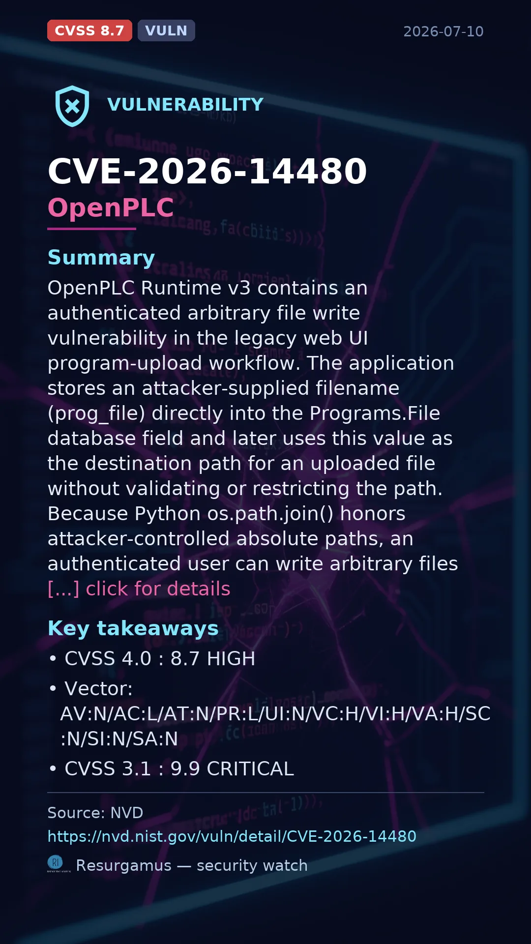 CVE-2026-14480 OpenPLC Vulnerability
