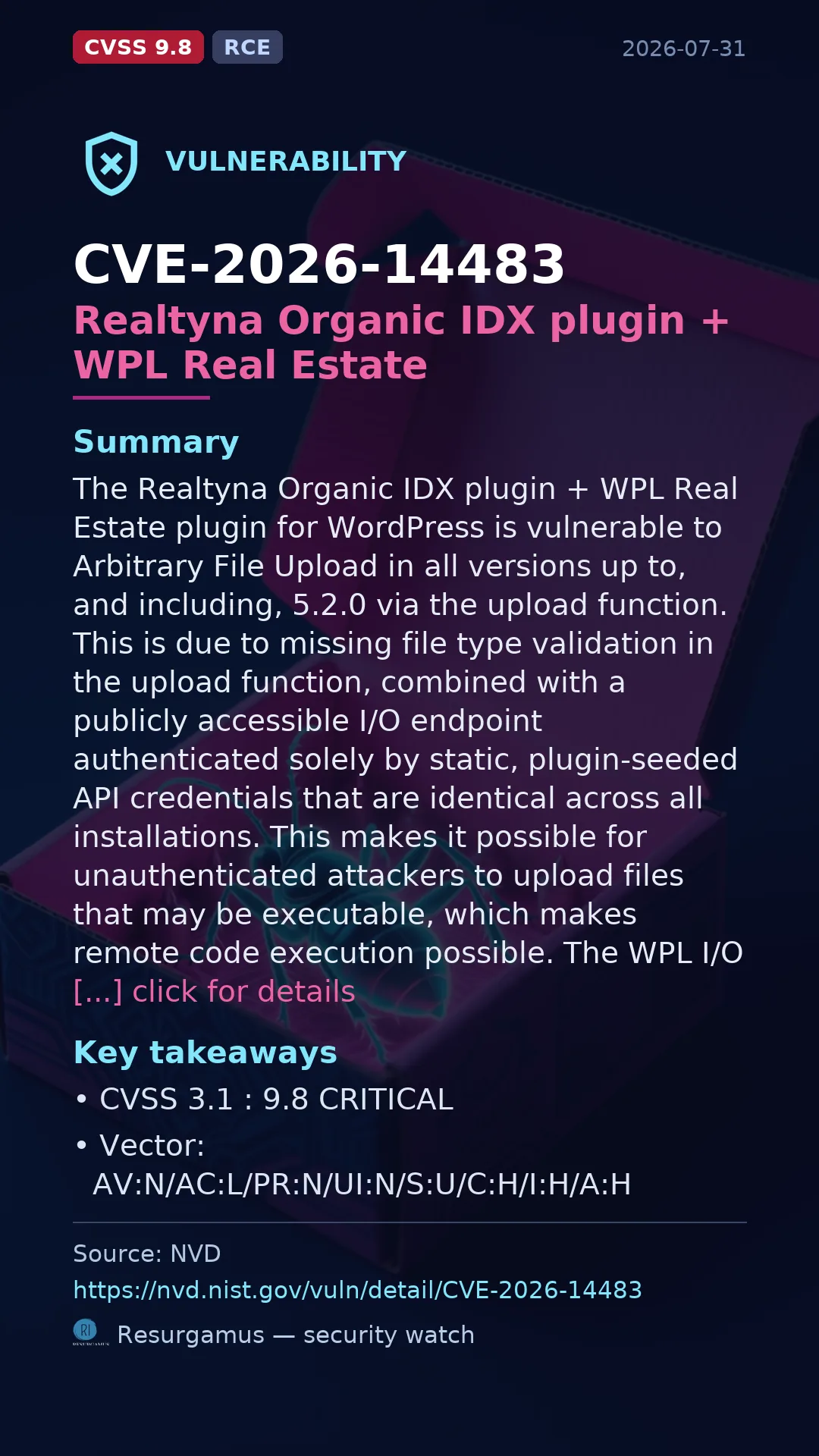 CVE-2026-14483 Realtyna Organic IDX plugin + WPL Real Estate Vulnerability