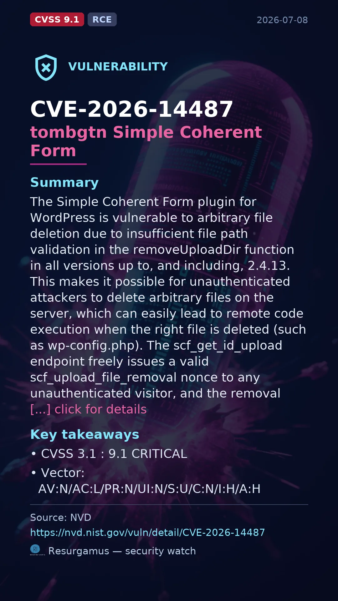 CVE-2026-14487 tombgtn Simple Coherent Form Vulnerability