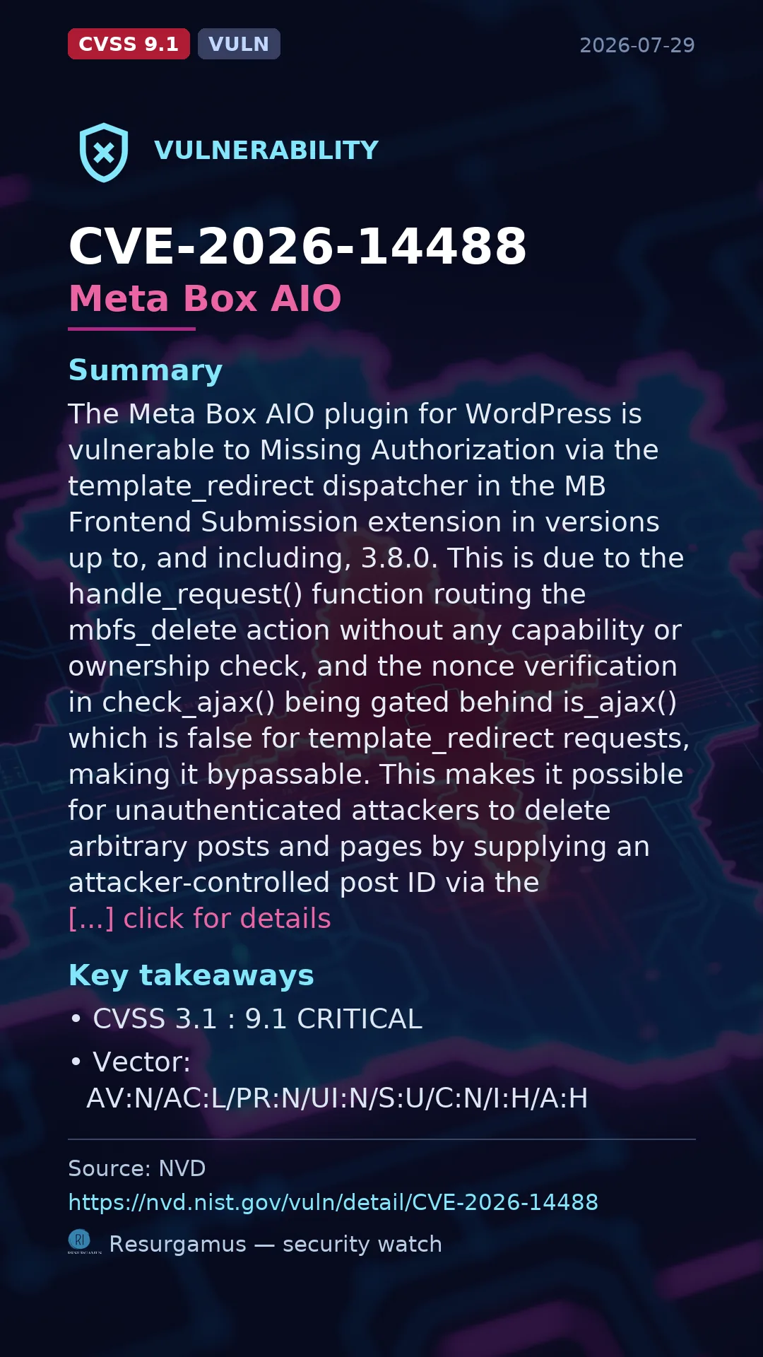 CVE-2026-14488 Meta Box AIO Vulnerability
