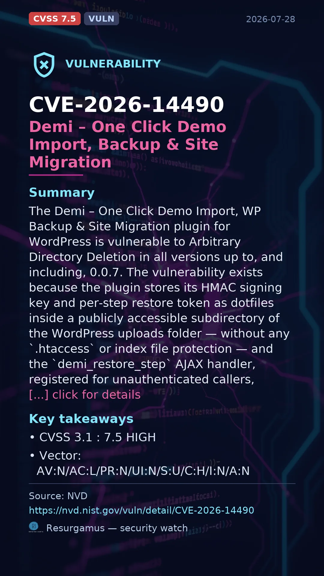 CVE-2026-14490 Demi – One Click Demo Import, Backup & S Vulnerability