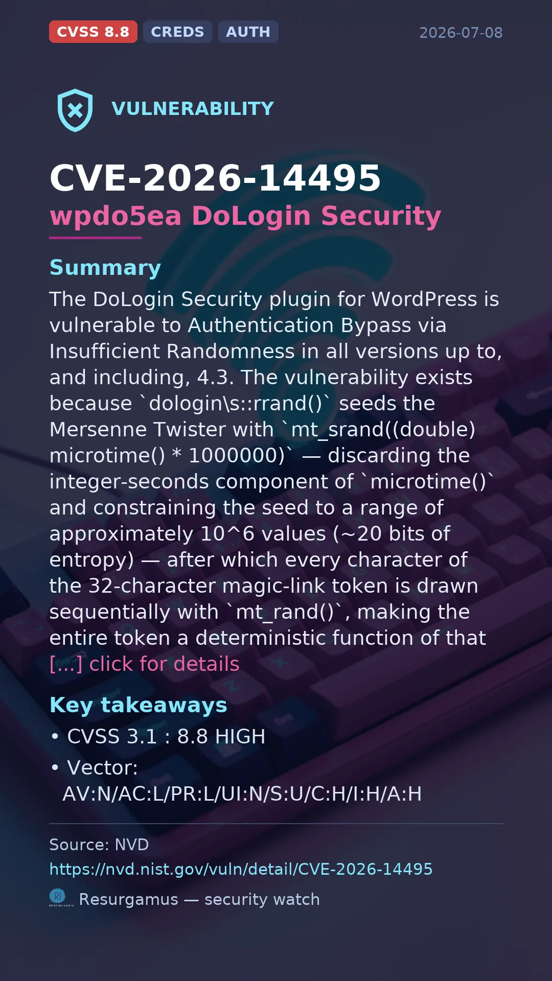 CVE-2026-14495 wpdo5ea DoLogin Security Vulnerability
