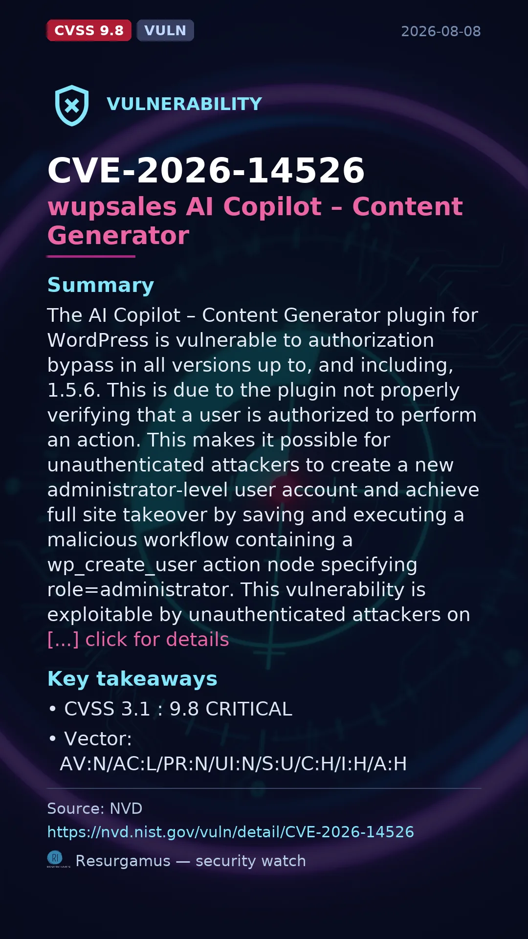 CVE-2026-14526 wupsales AI Copilot – Content Generator Vulnerability