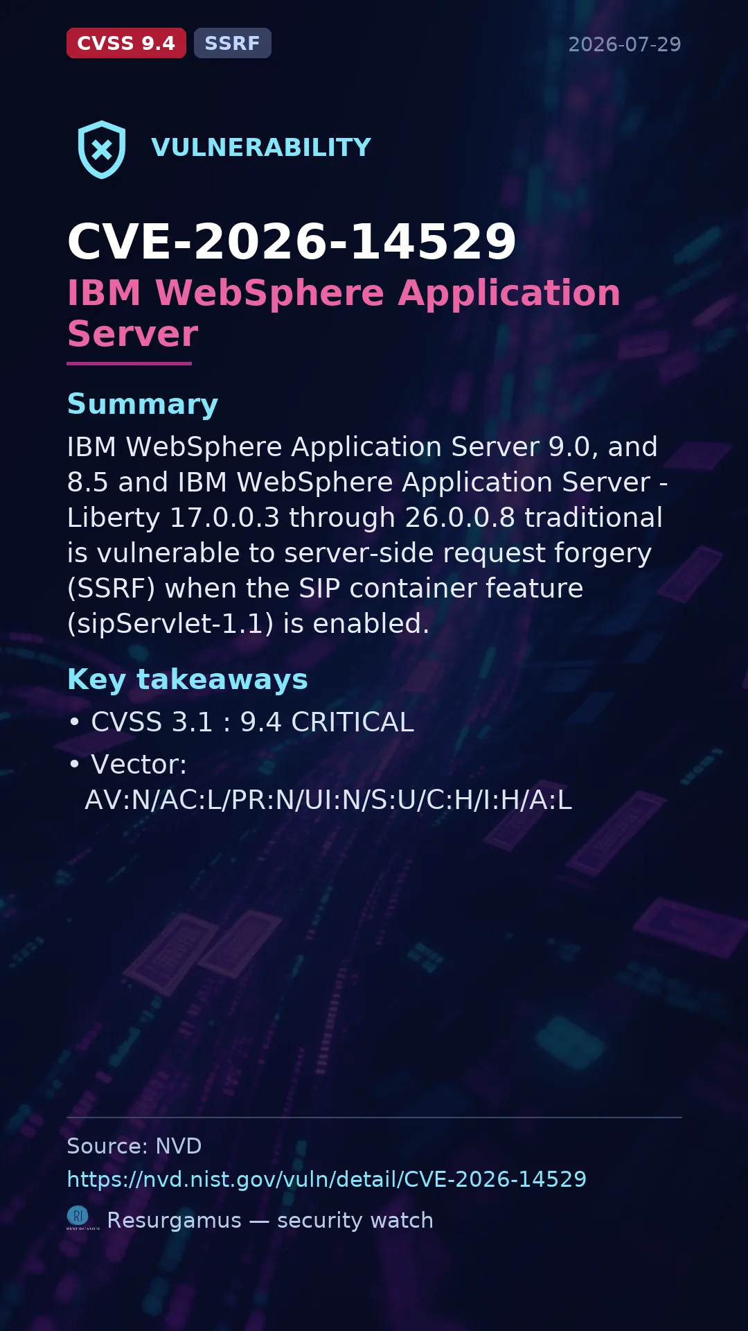 CVE-2026-14529 IBM WebSphere Application Server Vulnerability