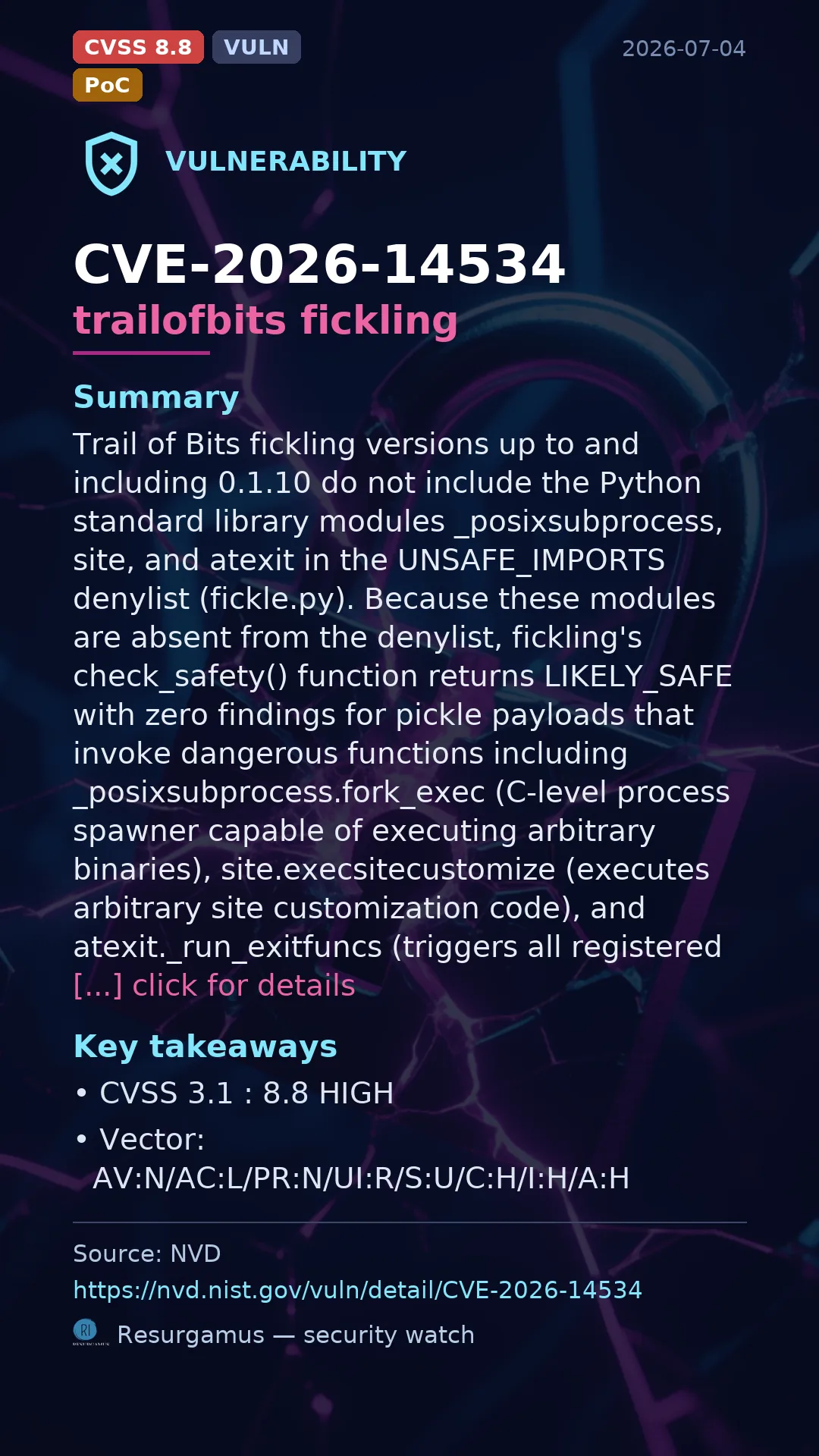CVE-2026-14534 trailofbits fickling Vulnerability
