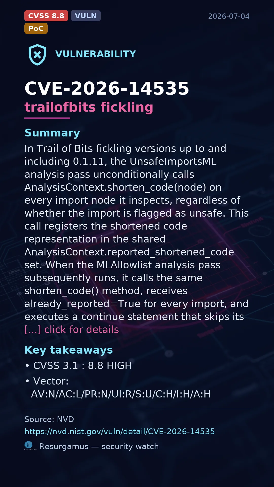 CVE-2026-14535 trailofbits fickling Vulnerability