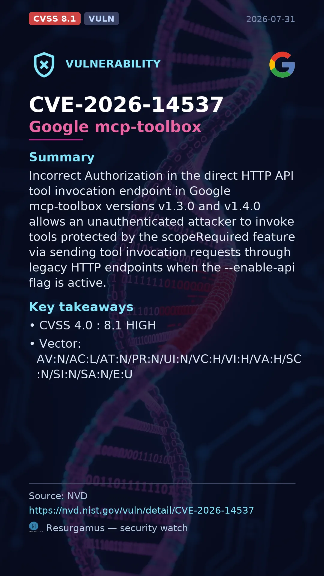 CVE-2026-14537 Google mcp-toolbox Vulnerability