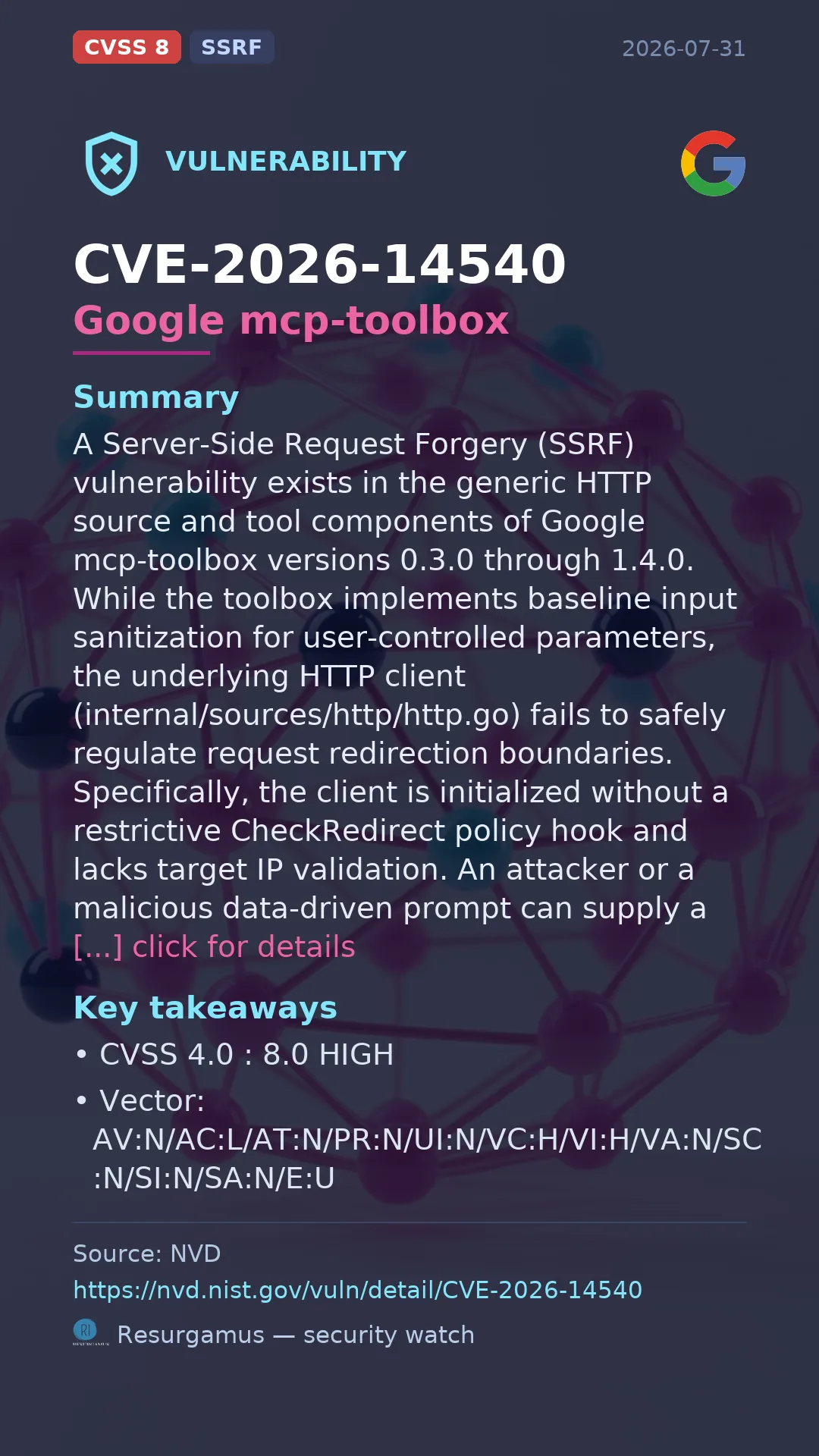 CVE-2026-14540 Google mcp-toolbox Vulnerability