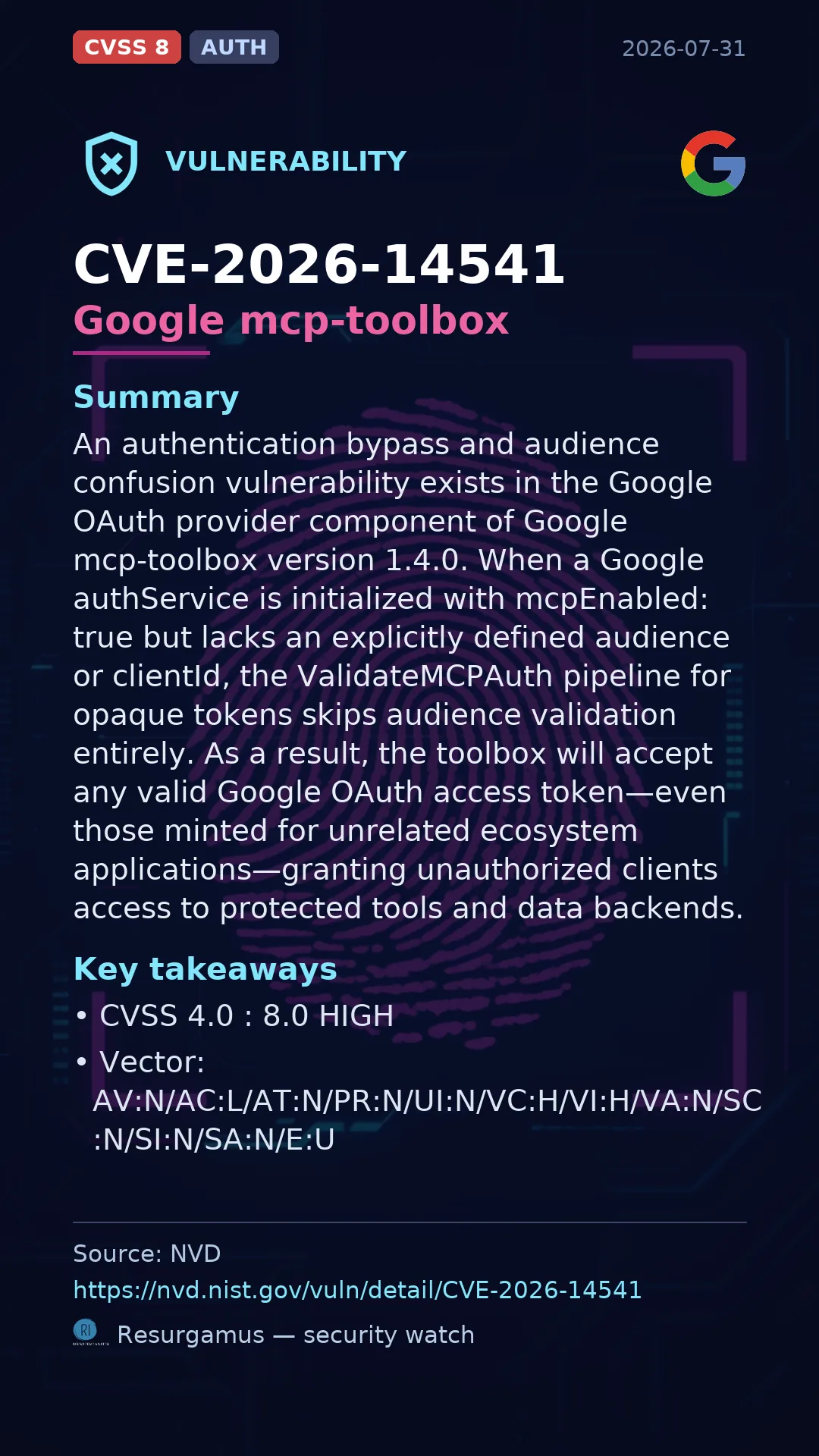 CVE-2026-14541 Google mcp-toolbox Vulnerability