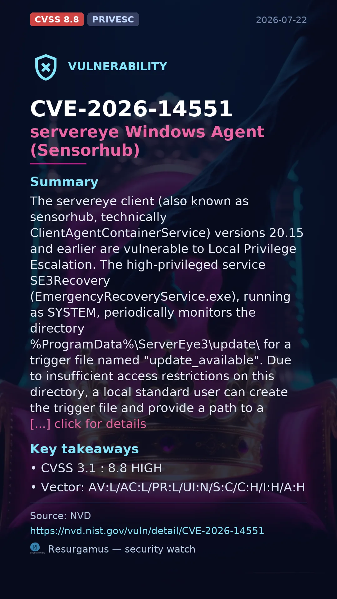 CVE-2026-14551 servereye Windows Agent (Sensorhub) Vulnerability