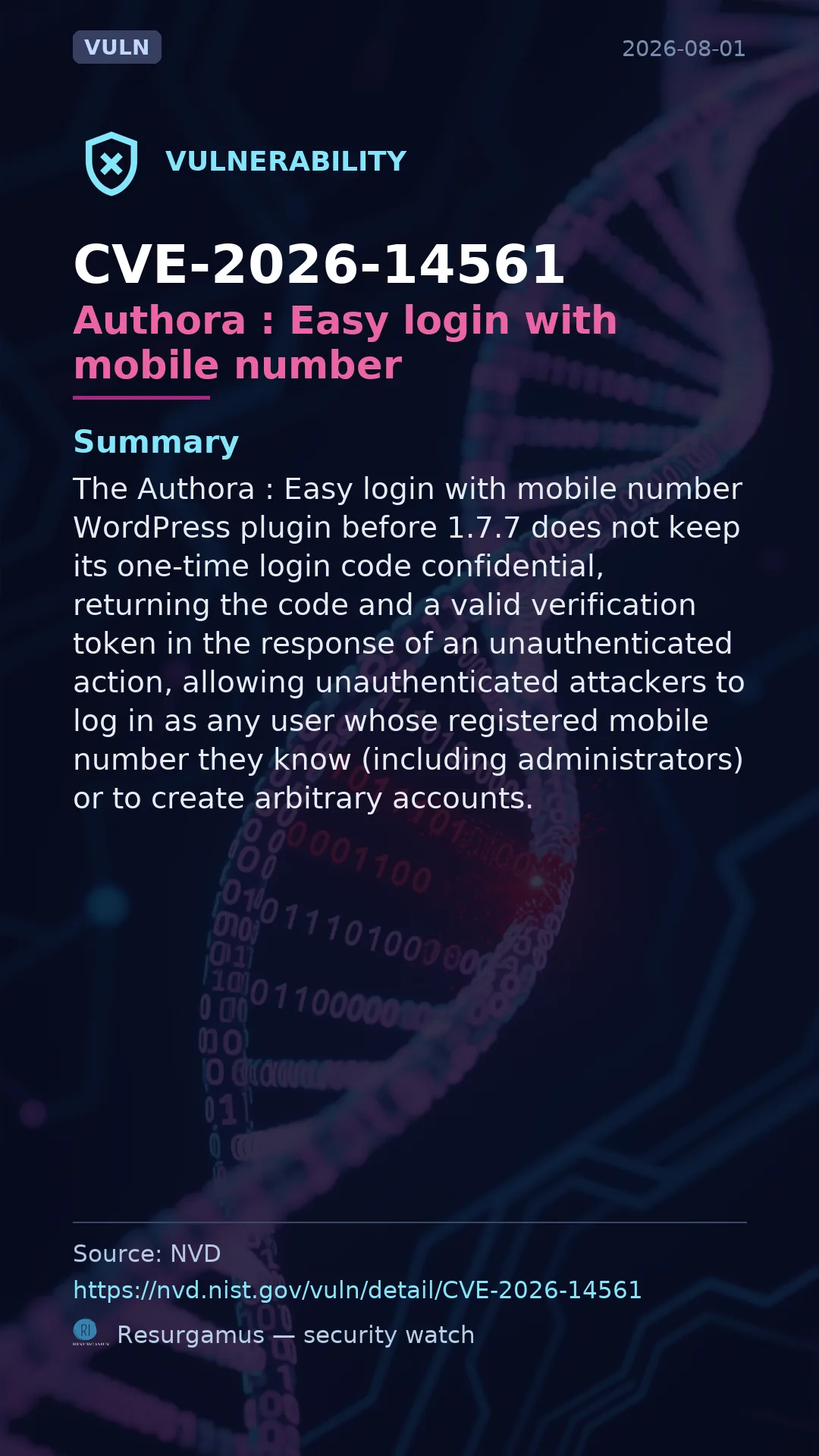 CVE-2026-14561 Authora : Easy login with mobile number Vulnerability