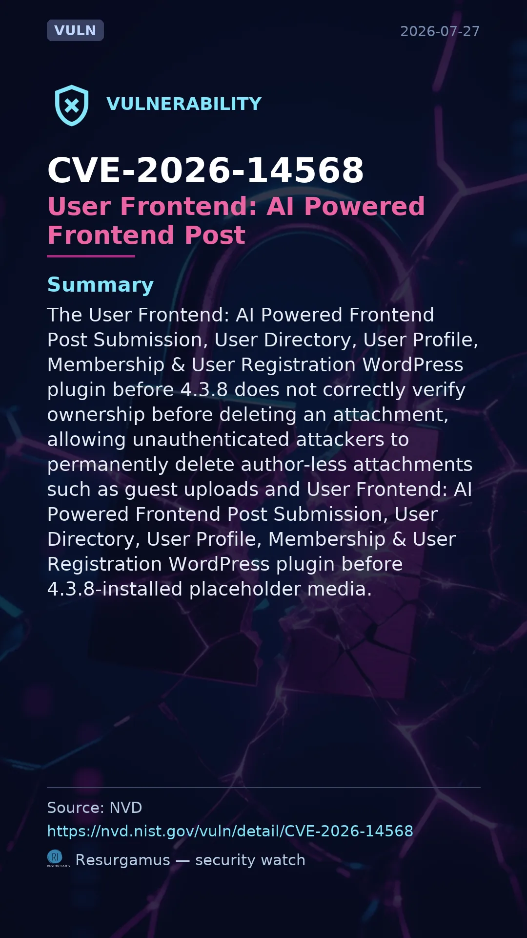 CVE-2026-14568 - User Frontend: AI Powered Frontend Post  vulnerability