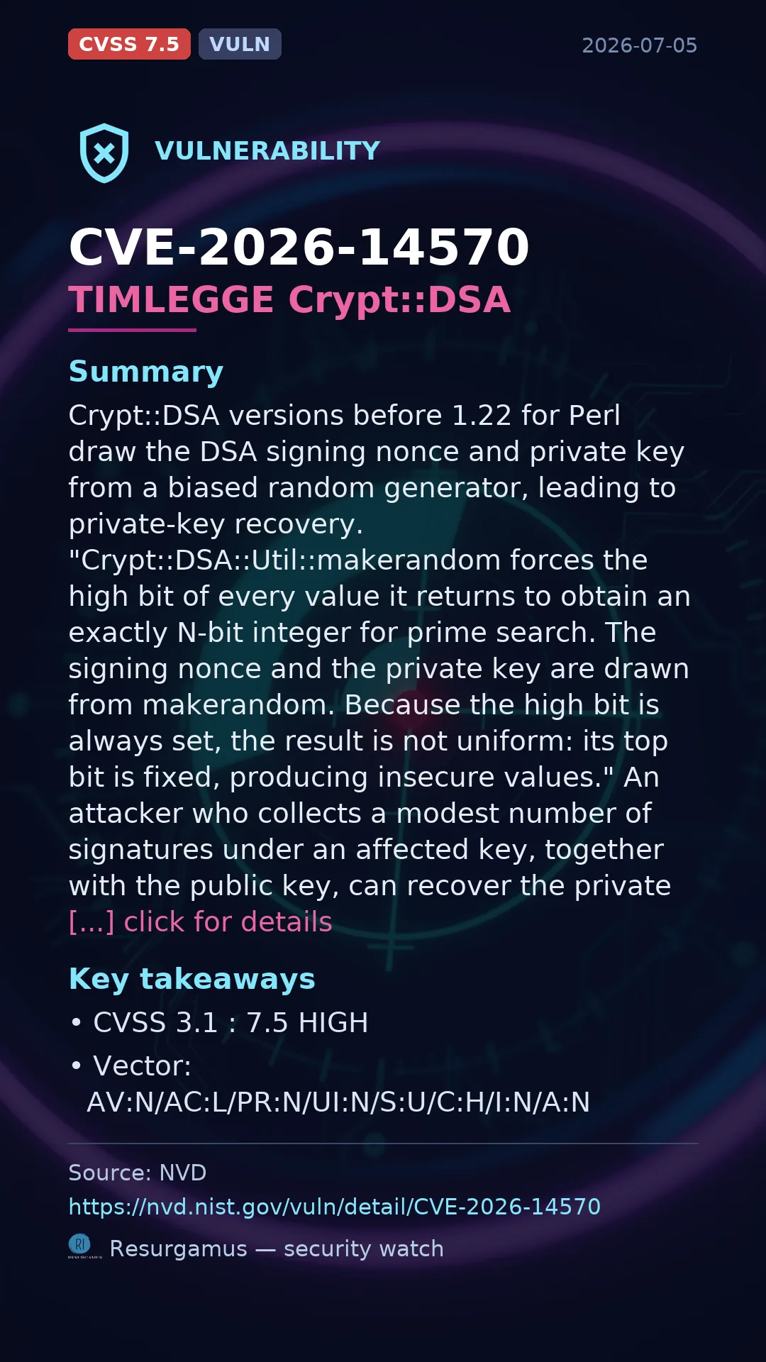 CVE-2026-14570 TIMLEGGE Crypt::DSA Vulnerability