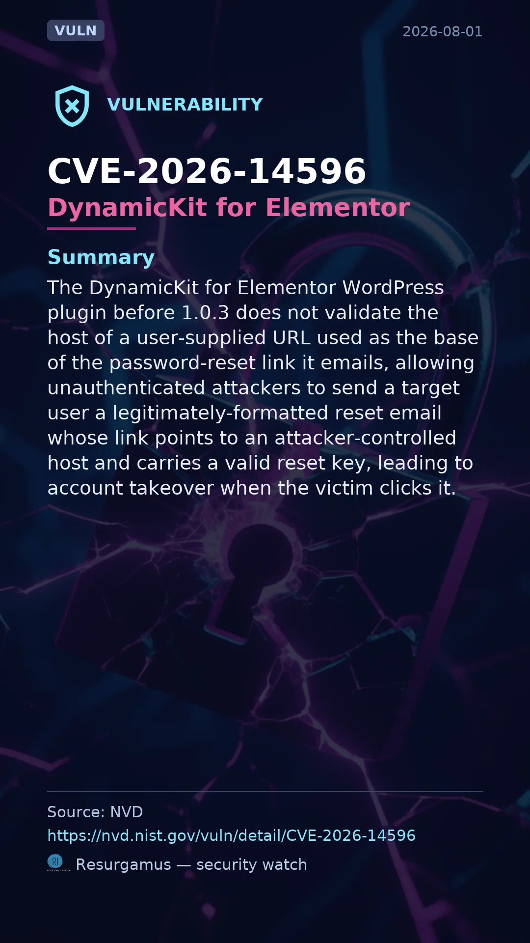CVE-2026-14596 DynamicKit for Elementor Vulnerability