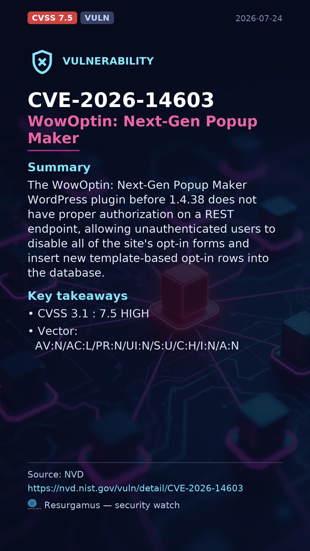 CVE-2026-14603 - WowOptin: Next-Gen Popup Maker vulnerability