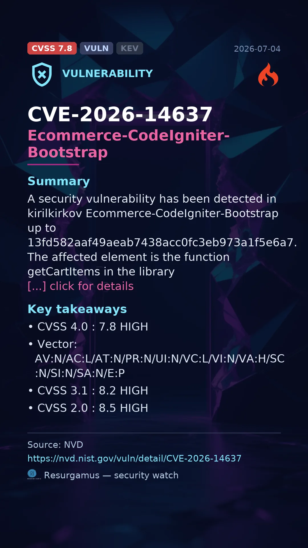 CVE-2026-14637 Ecommerce-CodeIgniter-Bootstrap Vulnerability