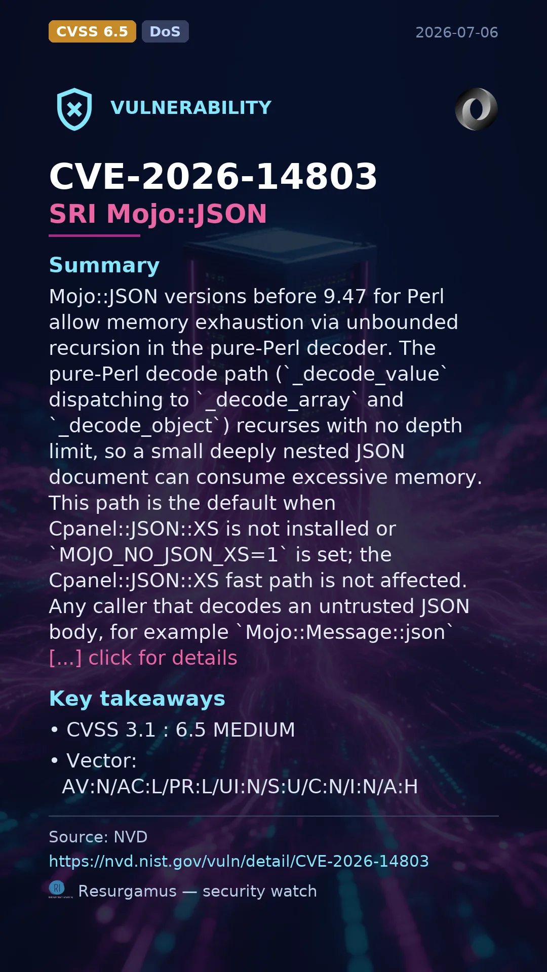 CVE-2026-14803 SRI Mojo::JSON Vulnerability