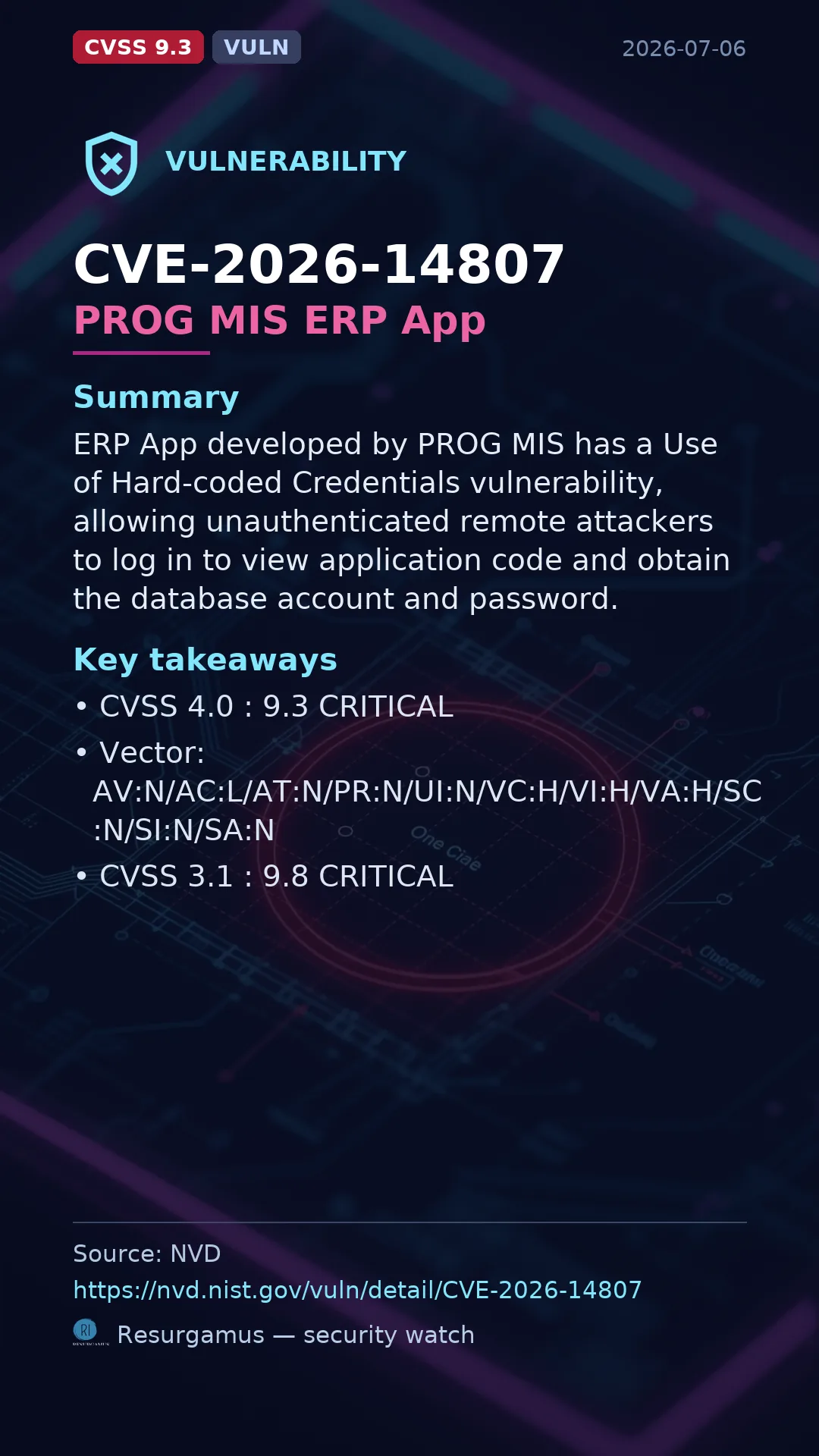 CVE-2026-14807 PROG MIS ERP App Vulnerability