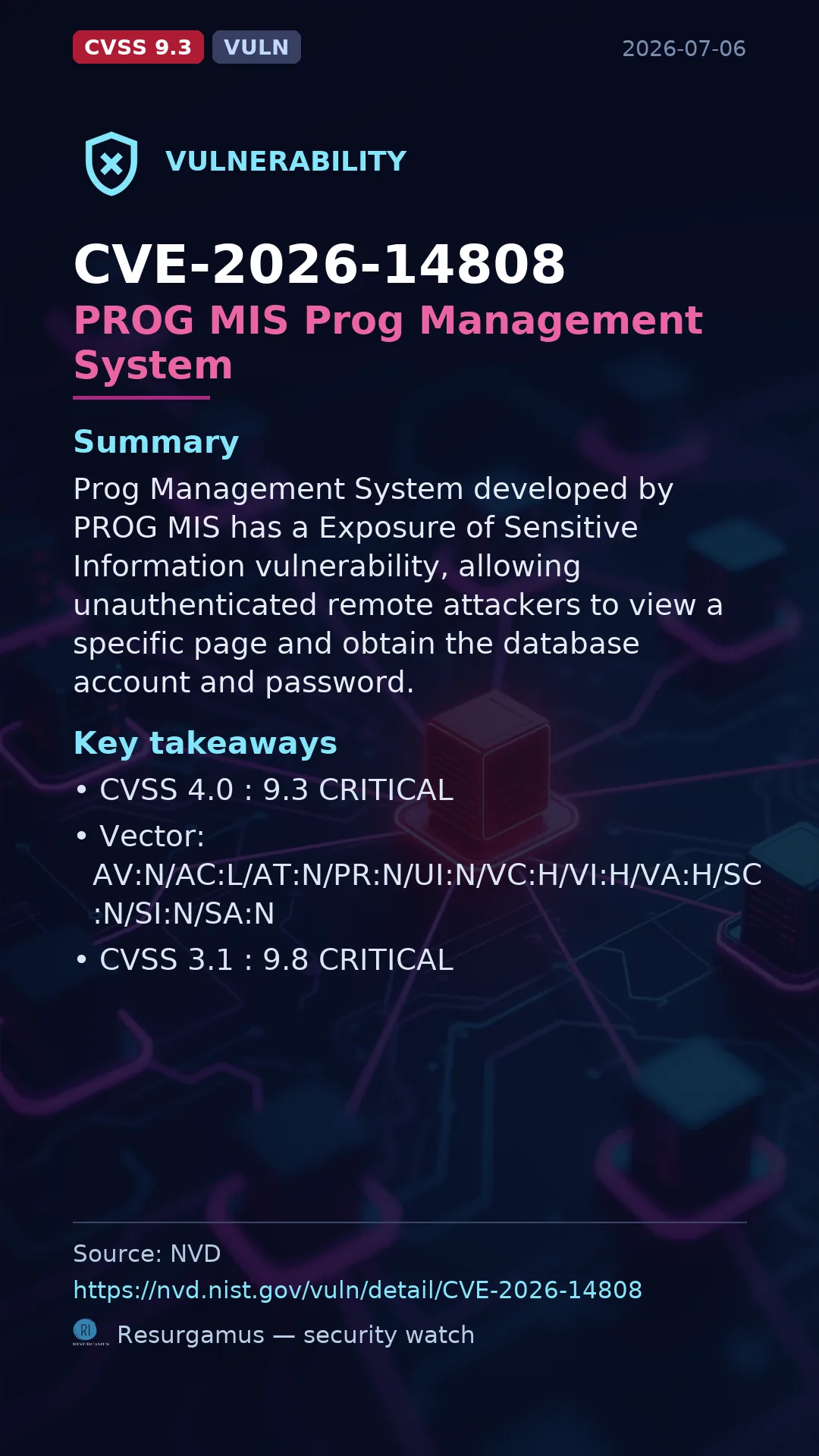 CVE-2026-14808 PROG MIS Prog Management System Vulnerability