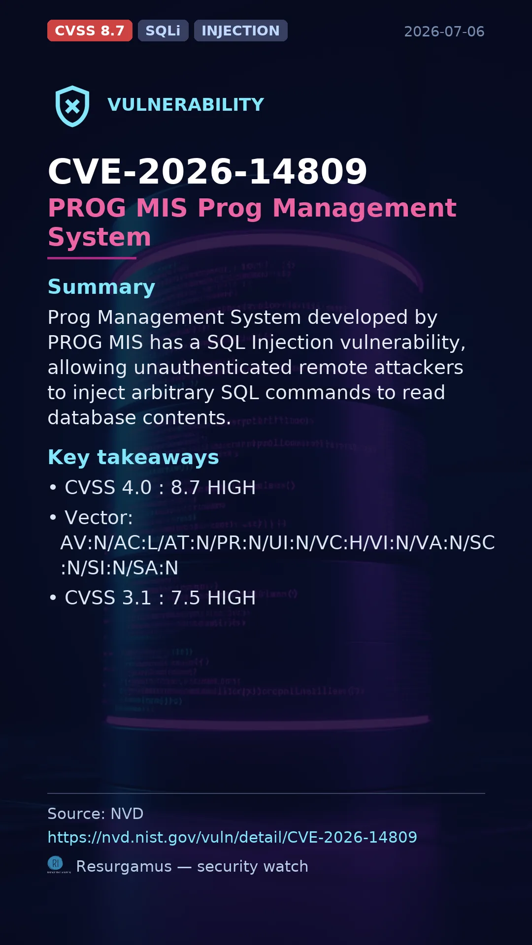 CVE-2026-14809 PROG MIS Prog Management System Vulnerability