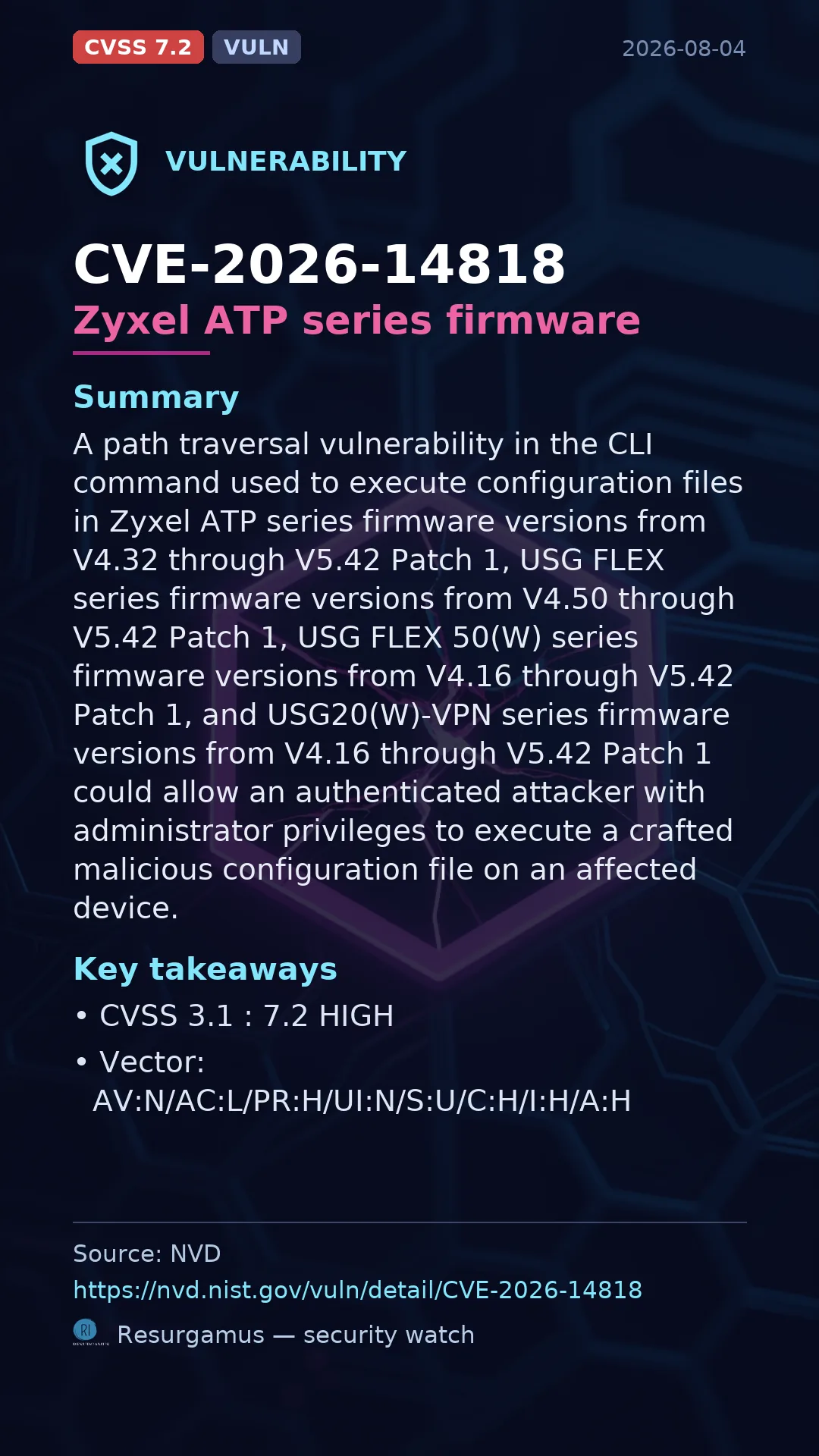 CVE-2026-14818 Zyxel ATP series firmware Vulnerability