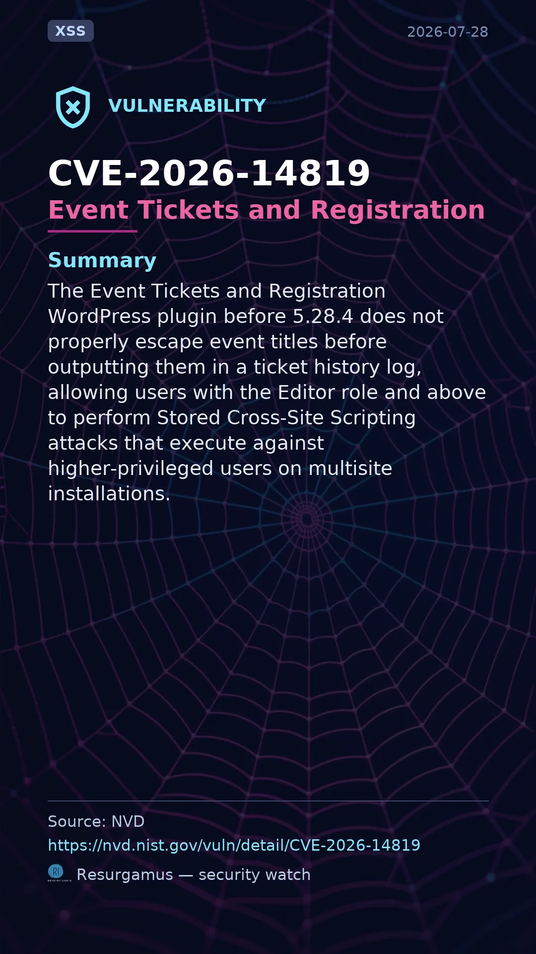 CVE-2026-14819 Event Tickets and Registration Vulnerability