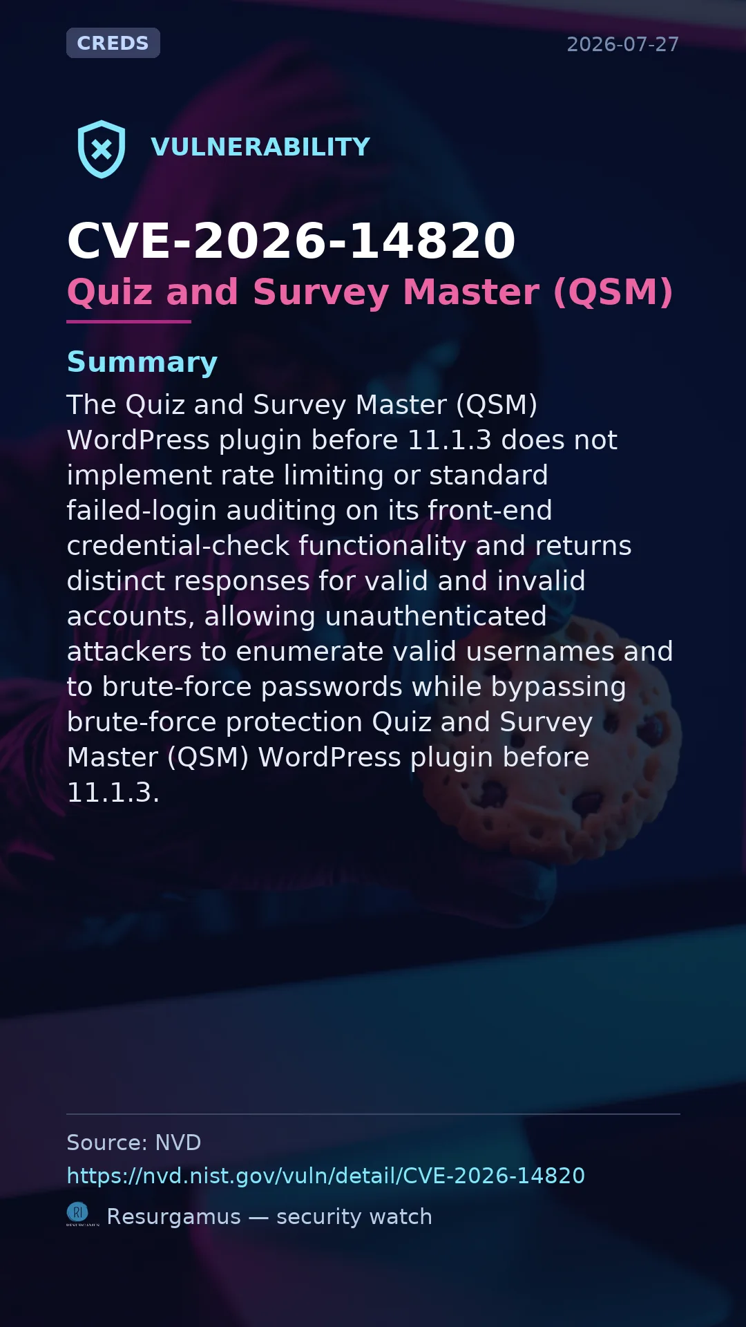 CVE-2026-14820 - Quiz and Survey Master (QSM) vulnerability