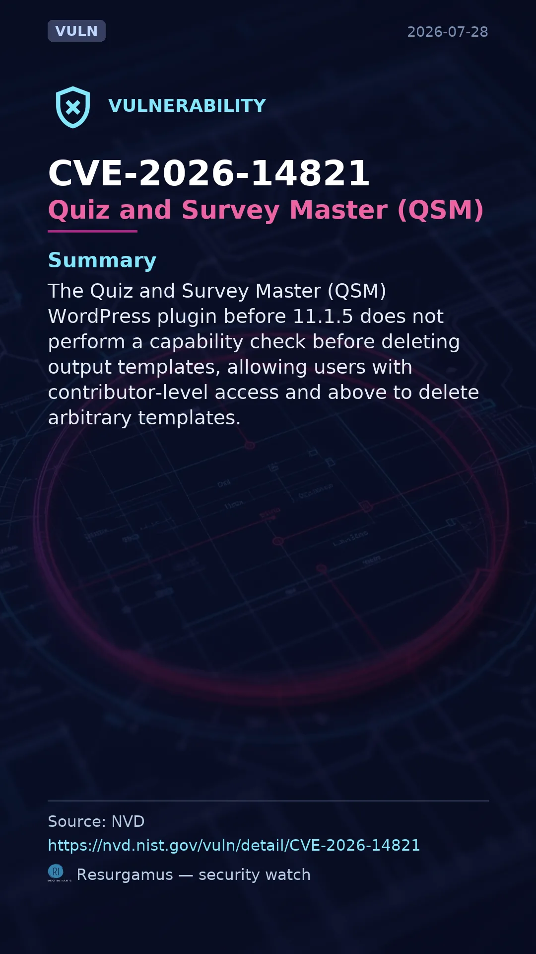 CVE-2026-14821 Quiz and Survey Master (QSM) Vulnerability