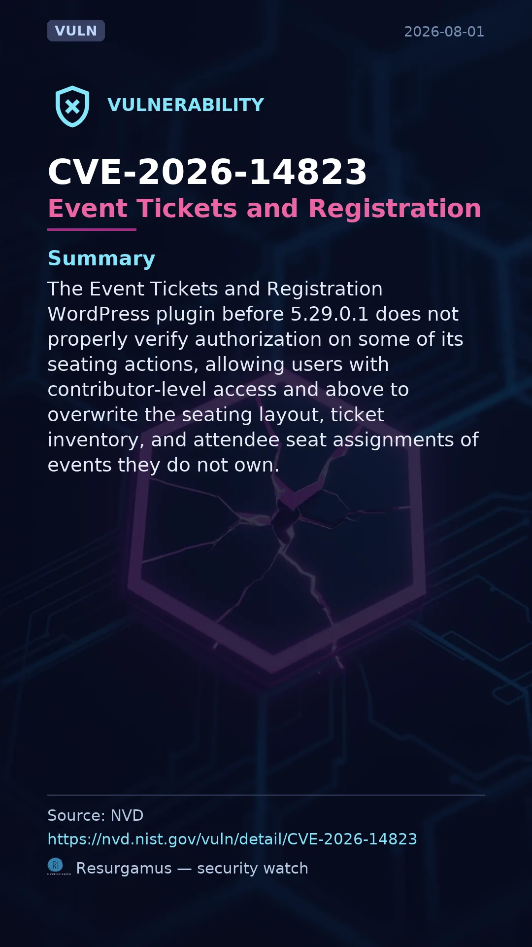 CVE-2026-14823 Event Tickets and Registration Vulnerability