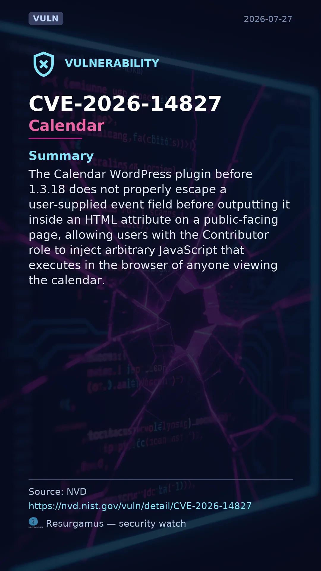 CVE-2026-14827 - Calendar vulnerability