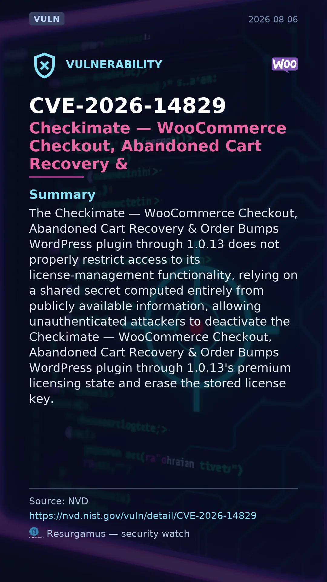 CVE-2026-14829 Checkimate — WooCommerce Checkout, Abandoned Cart Recovery & Vulnerability