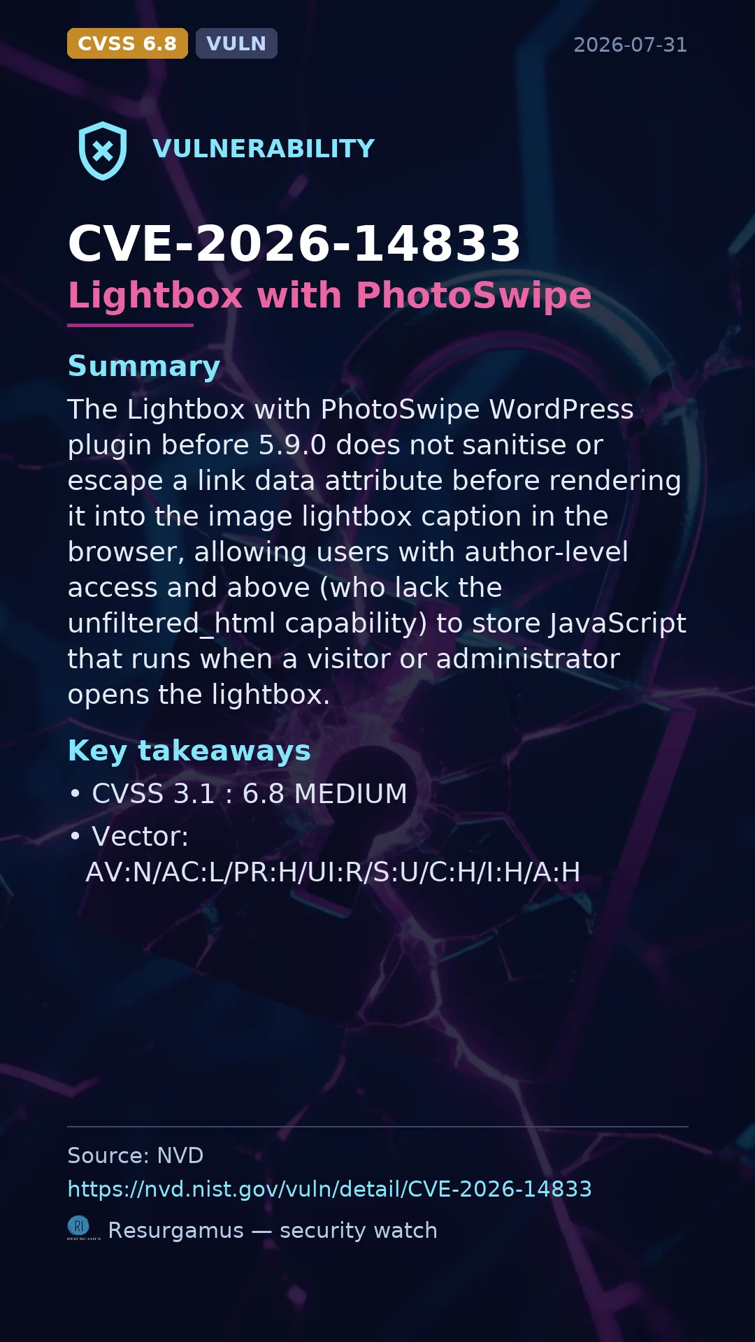 CVE-2026-14833 Lightbox with PhotoSwipe Vulnerability