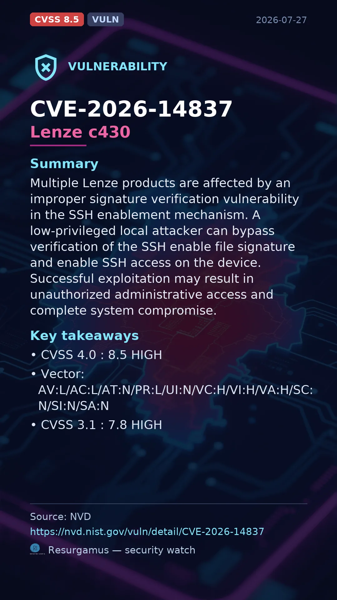 CVE-2026-14837 - Lenze c430 vulnerability