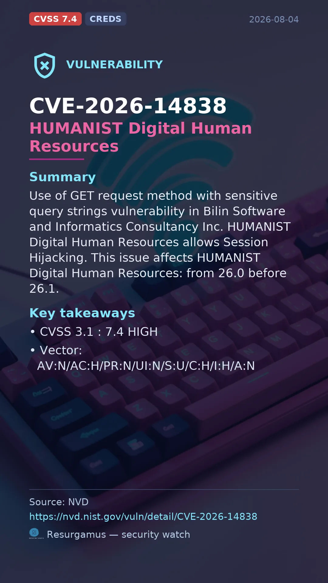 CVE-2026-14838 HUMANIST Digital Human Resources Vulnerability