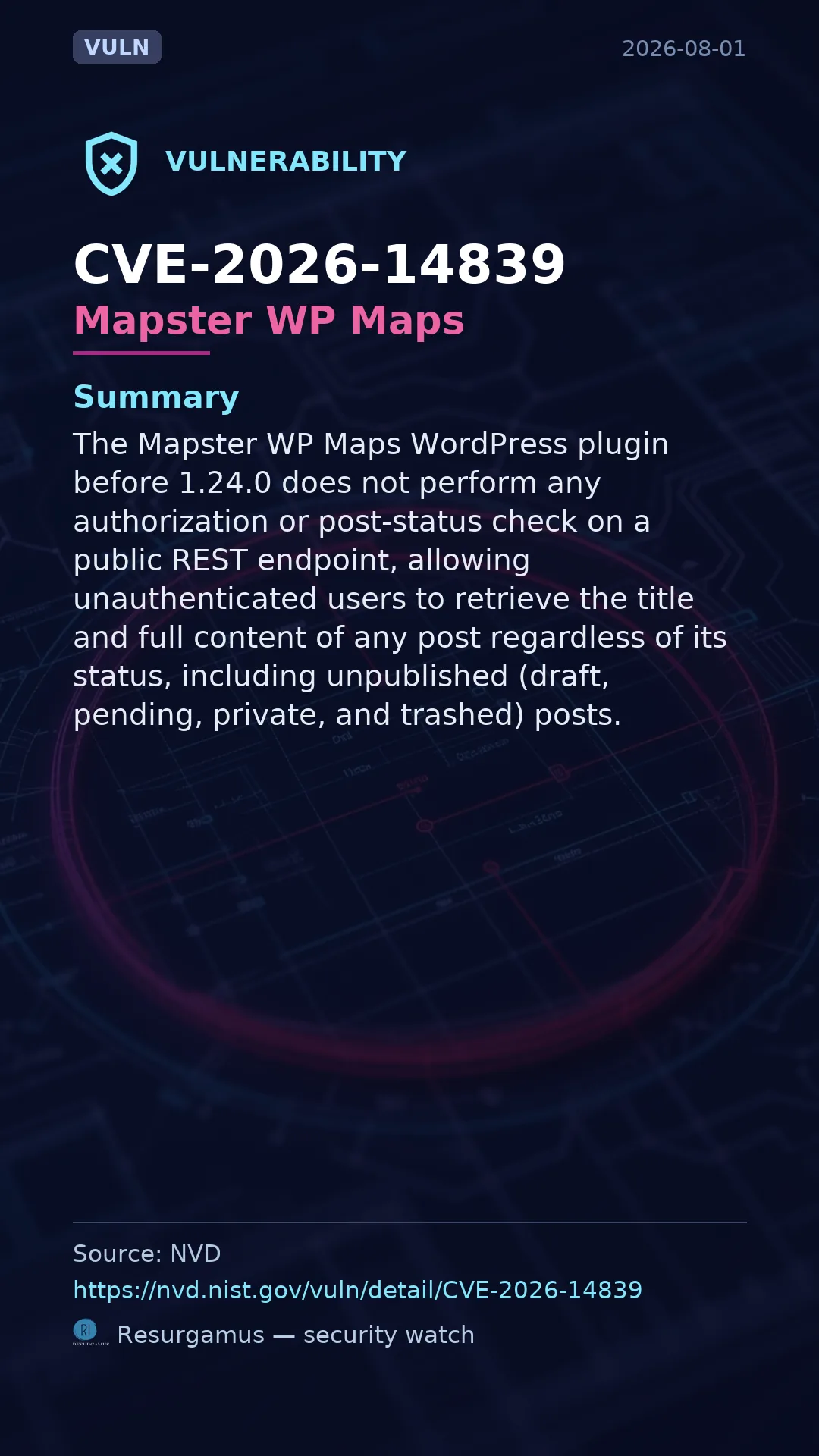CVE-2026-14839 Mapster WP Maps Vulnerability
