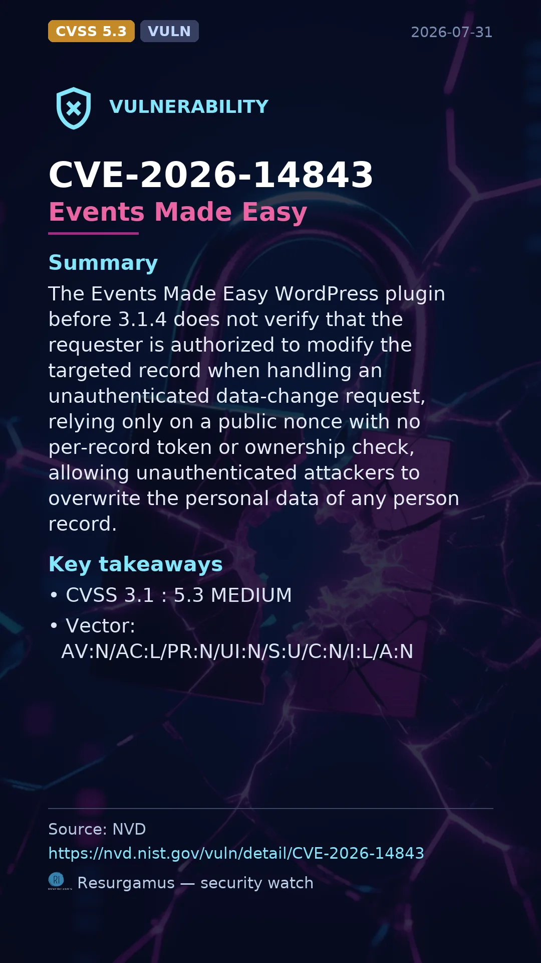 CVE-2026-14843 Events Made Easy Vulnerability
