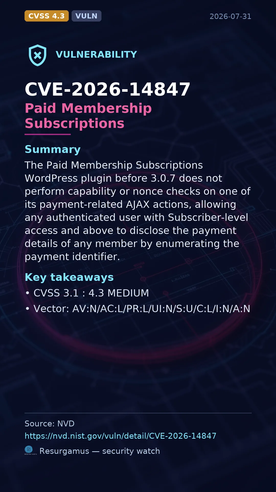 CVE-2026-14847 Paid Membership Subscriptions Vulnerability