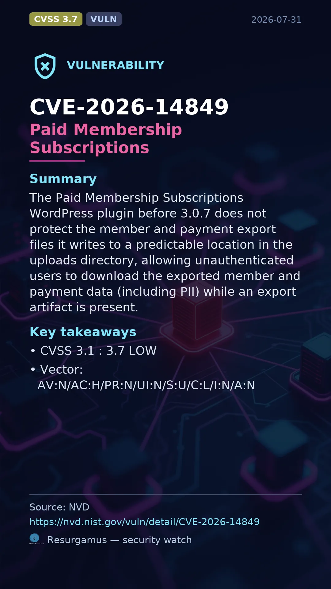 CVE-2026-14849 Paid Membership Subscriptions Vulnerability